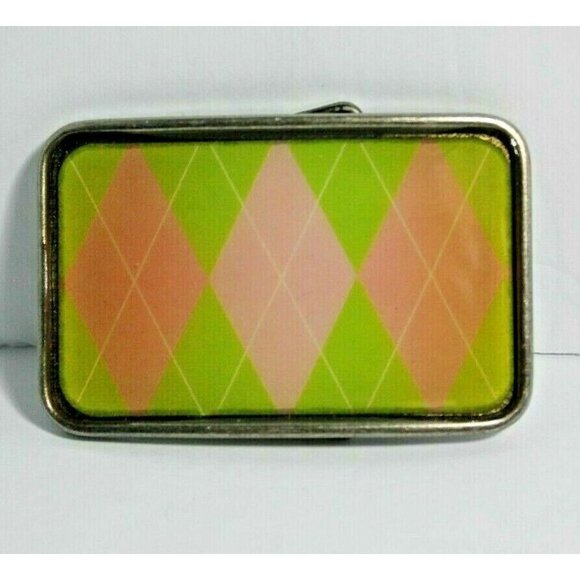 Vintage Metal Belt Buckle Green Pink Argyle New Old Stock Canada - Picture 2 of 3